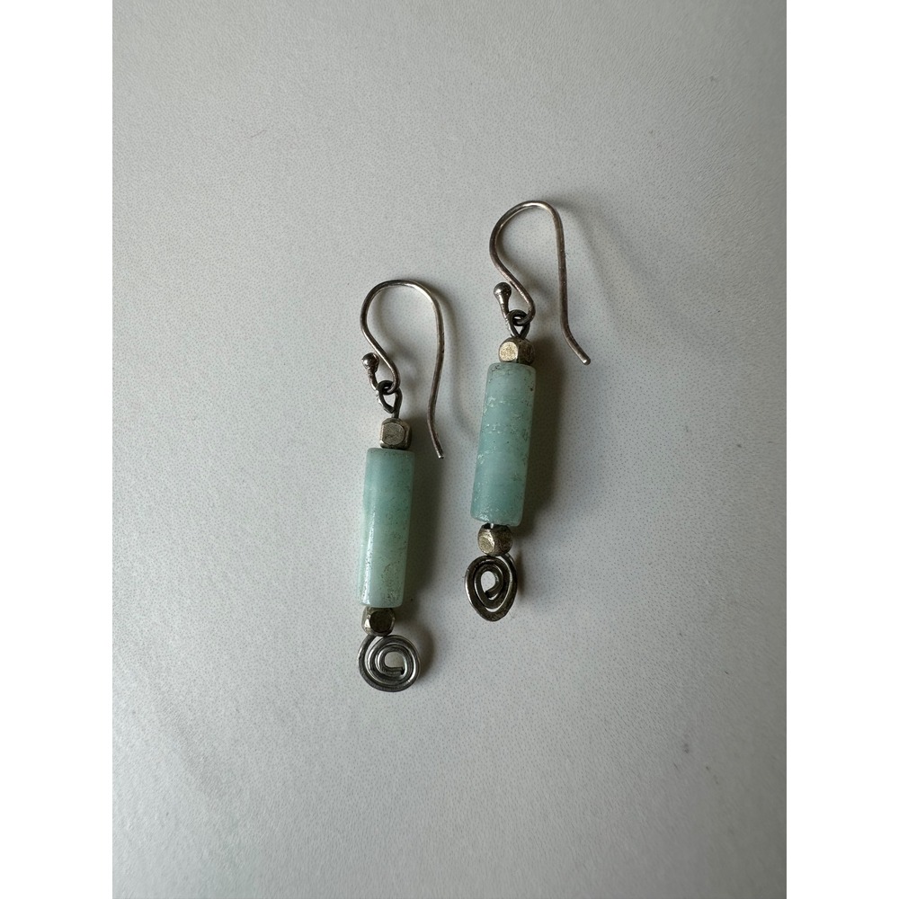 Sterling Silver 925 Amazonite Cylinder Spiral Drop Earrings‎ Boho Artisan Mint